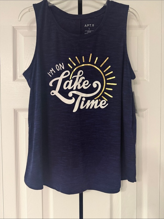 Apt. 9 Tops - Apt. 9 Navy Tank with White and Gold 'Lake Time' Graphic